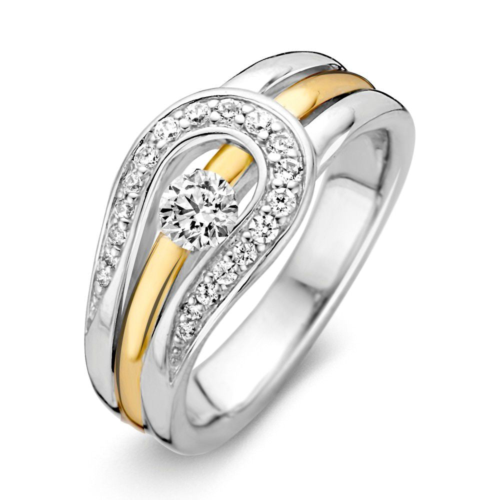Damenring aus rhodiniertem Silber mit 14-karätigem Gold und Zirkonia, glänzende Oberfläche und geschwungene Form