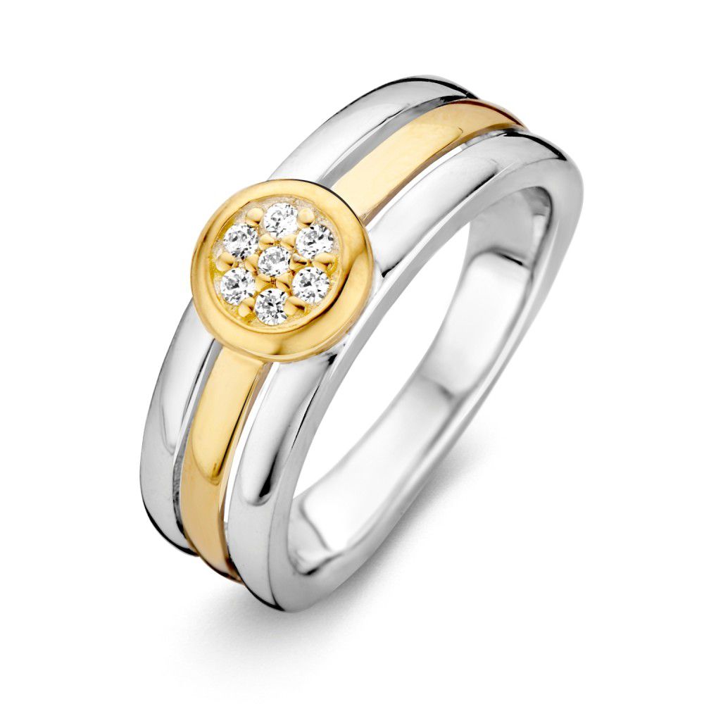 Ring aus rhodiniertem Silber mit 14-karätigem Gold und Zirkonia, glänzende Oberflächen und runde Form