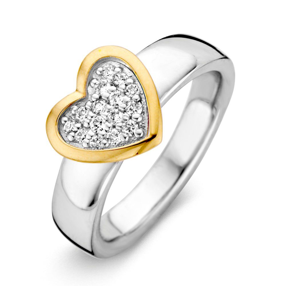 Silberner Damenring mit herzförmigem Element aus 14-karätigem Gelbgold und weißen Zirkonia