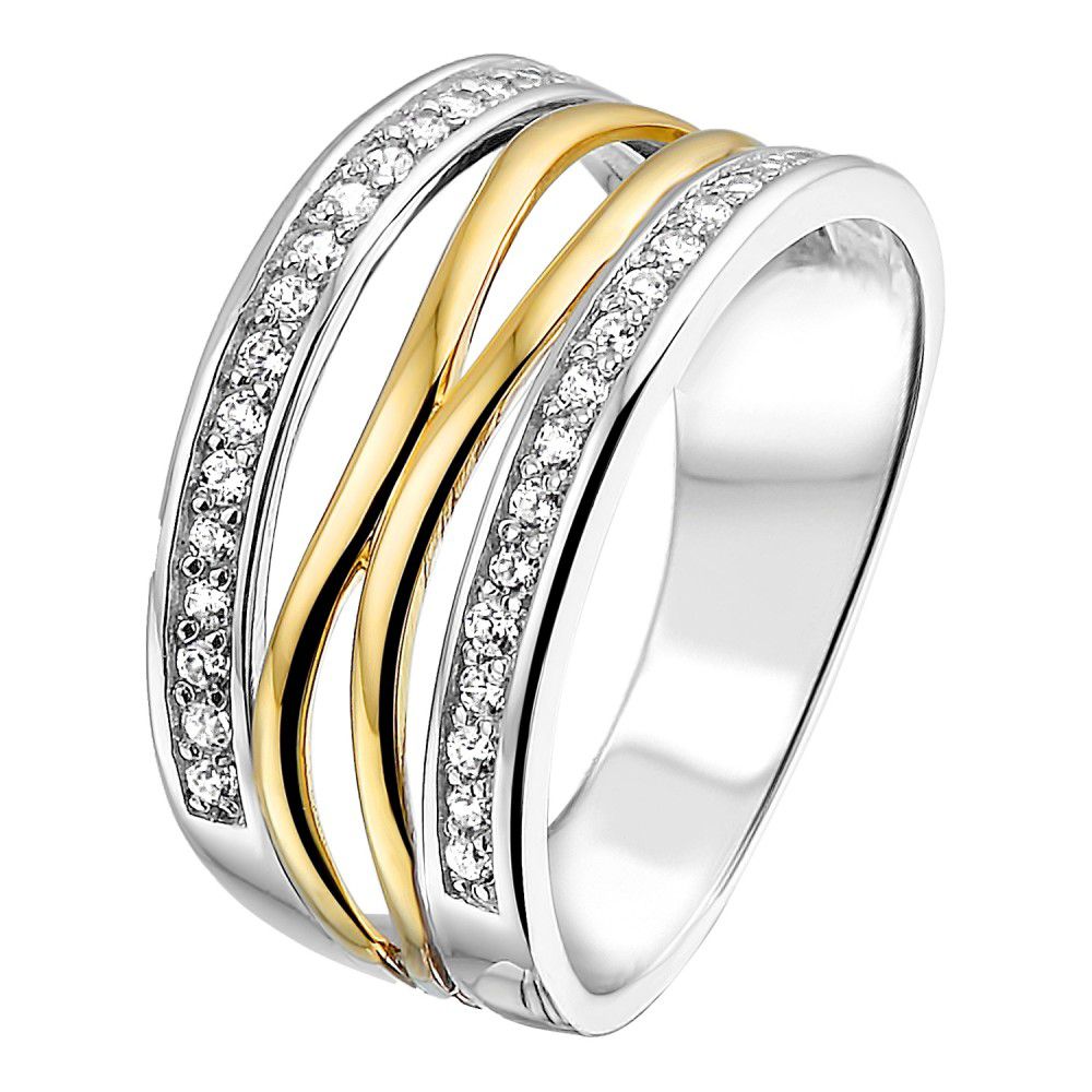 Zweiteilige Damenring aus Silber mit 14-karätiger gelber Goldfassung und weißen Zirkonia-Steinen