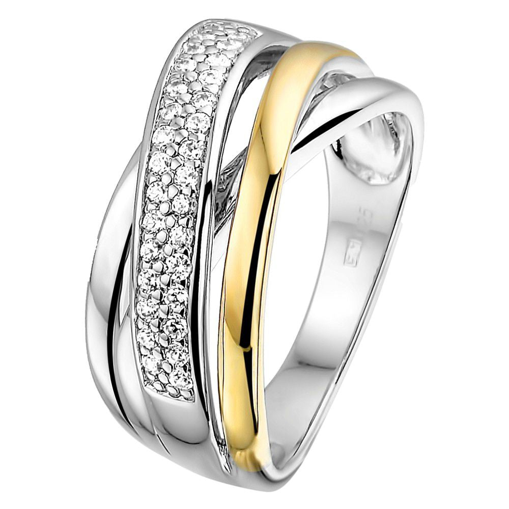 Silberner Damenring mit 14-karätiger gelber Goldfassung und Zirkonia, raffiniertes Design