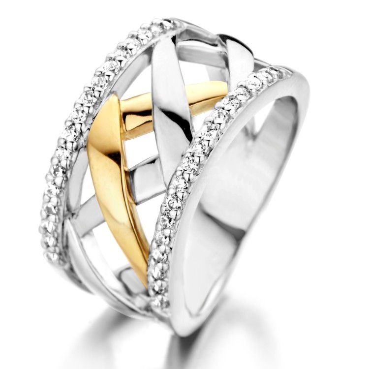 Ring aus rhodiniertem Silber mit 14-karätigem Gold und Zirkonia-Steinen