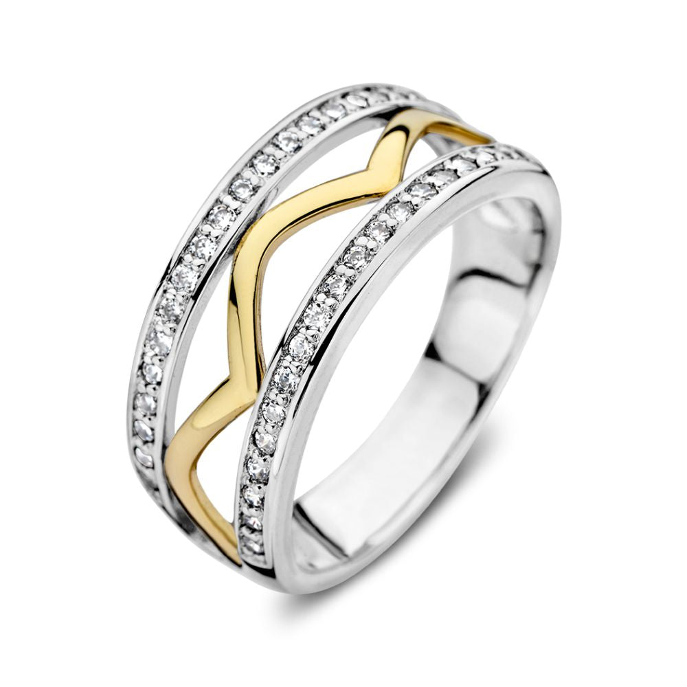 Ring aus Silber und 14-karätigem Gelbgold mit Zirkonia, Wellenmuster und glänzender Oberfläche