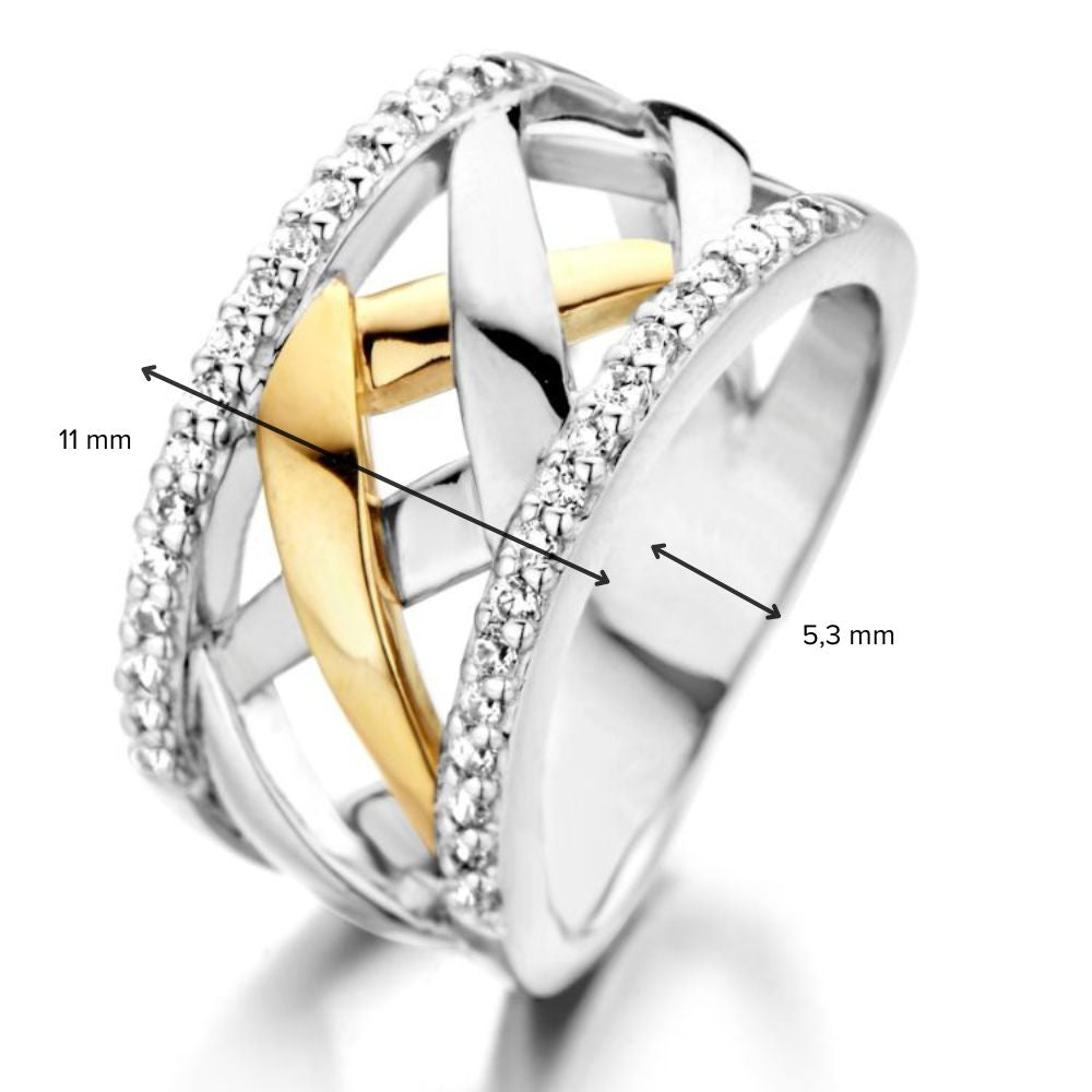 Rhodinierter Damenring aus Silber mit 14 Karat Gold und Zirkonia