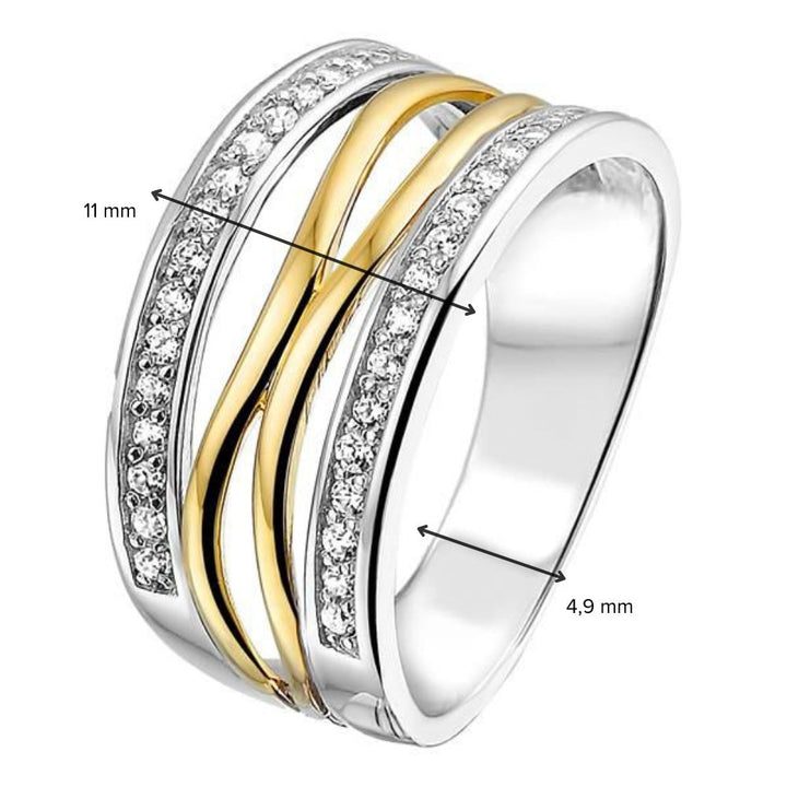 Zilveren Damesring met 14 Karaat Geel Gouden Zetting en Witte Zirkonia – Elegante Minimalisme
