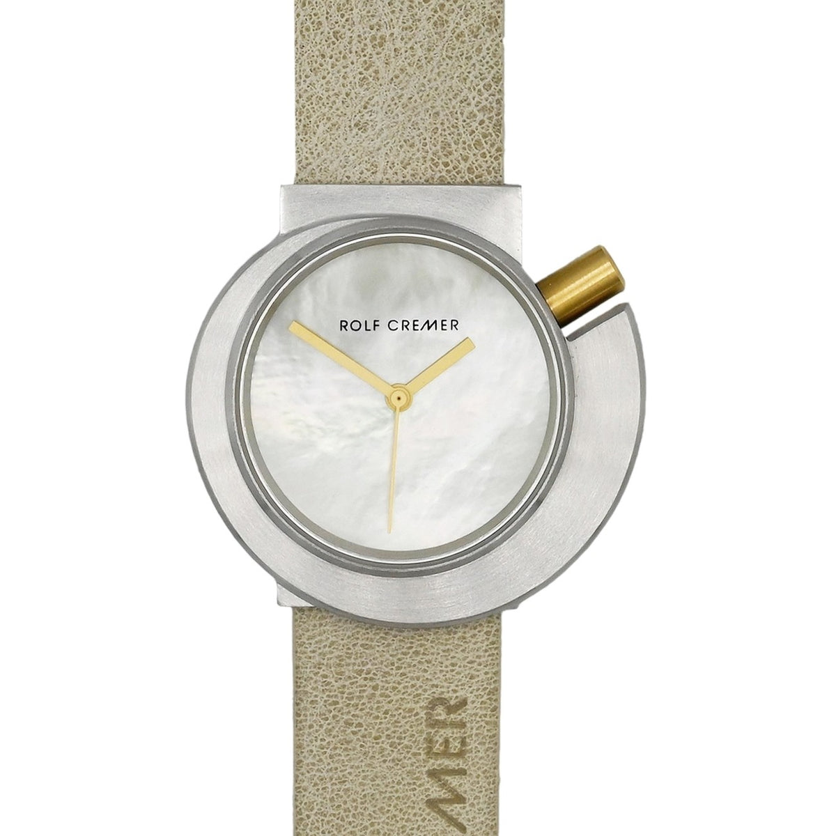 Uhr mit silbernem Gehäuse, weißem Zifferblatt und gelbem Sekundenzeiger, beige Lederarmband