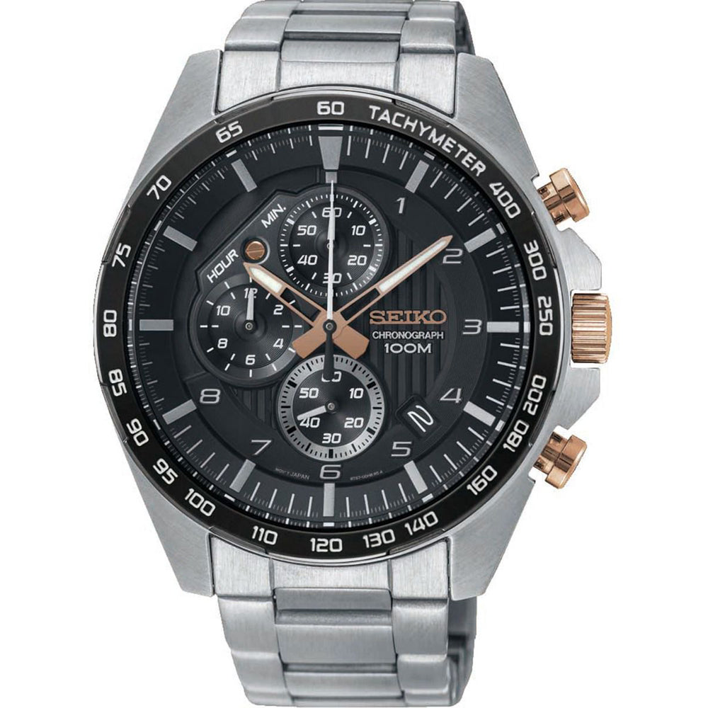 Herren Chronograph mit schwarzem Zifferblatt, silbernem Gehäuse und rosegoldenen Akzenten