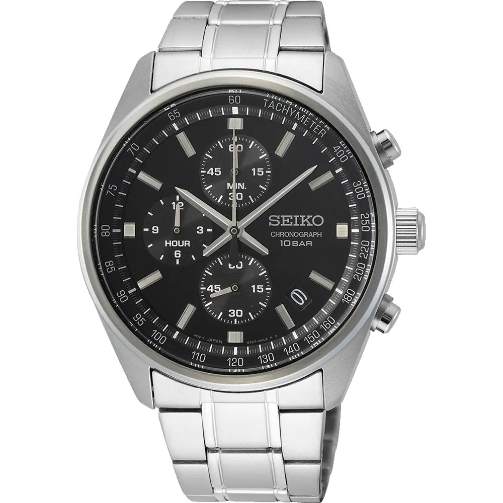 Herrenarmbanduhr mit schwarzem Zifferblatt, Edelstahlgehäuse und -armband, Chronographenfunktion