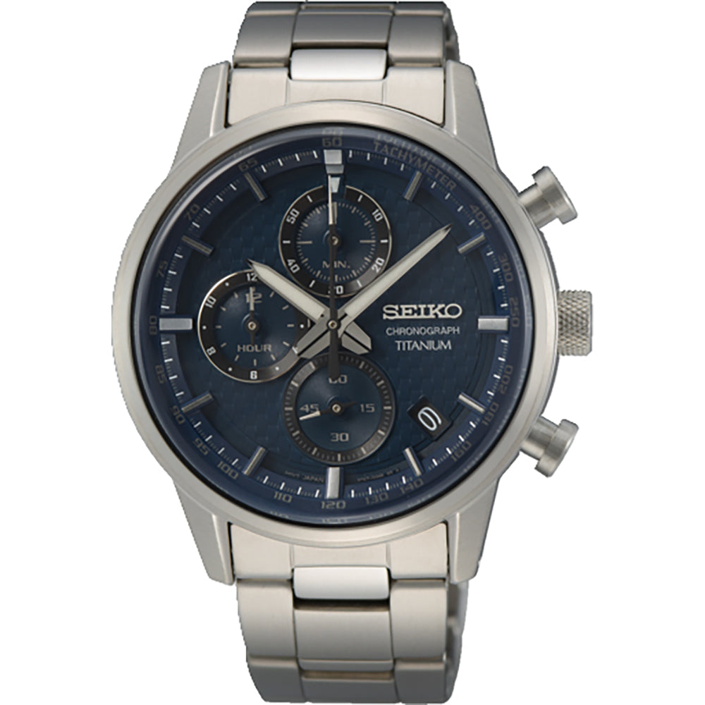 Herrenchronograph mit blauem Zifferblatt, titanium Gehäuse und silbernem Armband