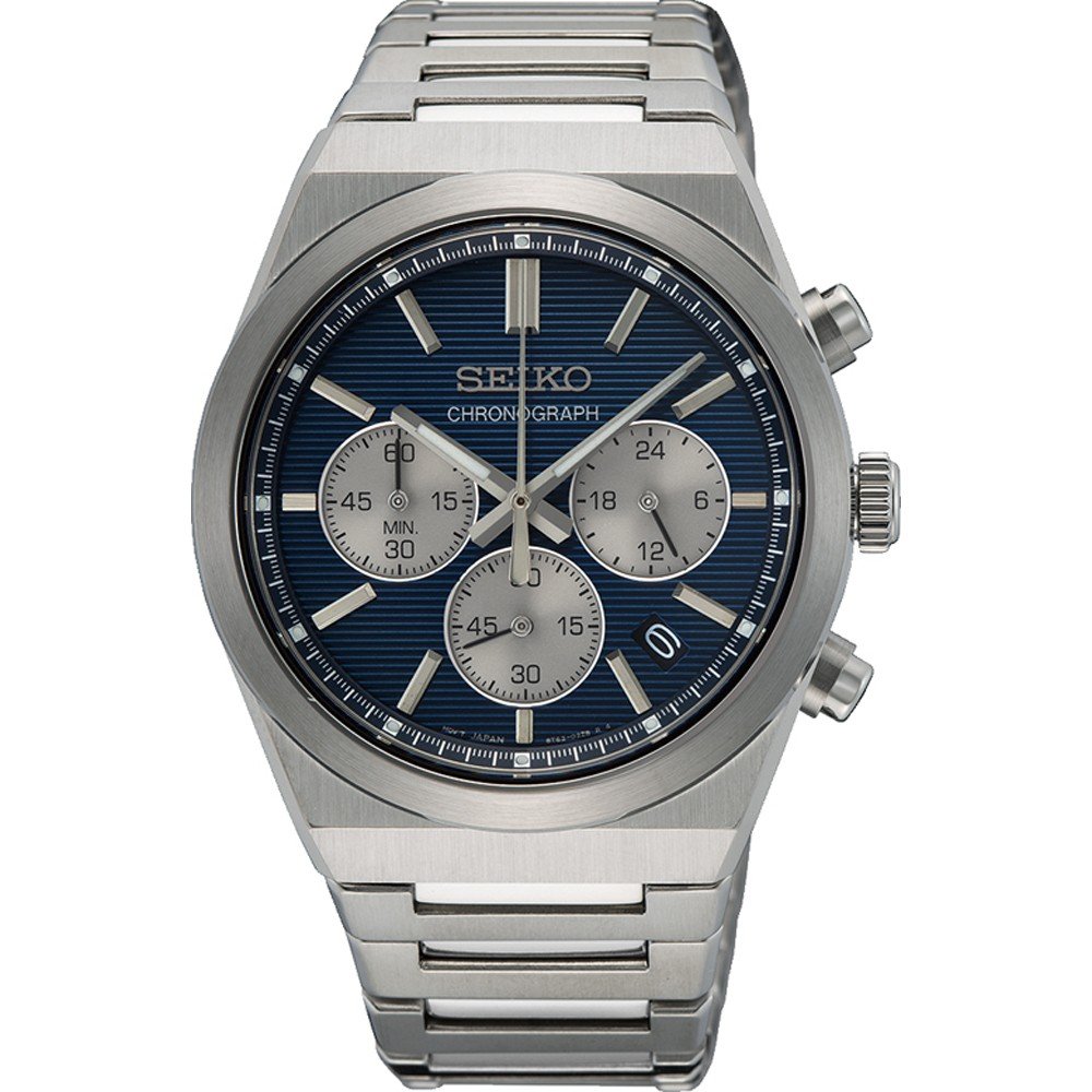 Herrenchronograph mit silbernem Gehäuse, blauem Zifferblatt und Edelstahlarmband