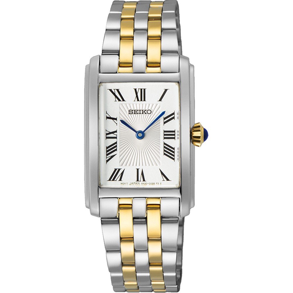 Damenarmbanduhr von Seiko mit silbernem und goldenem Gehäuse, weißem Zifferblatt und römischen Ziffern