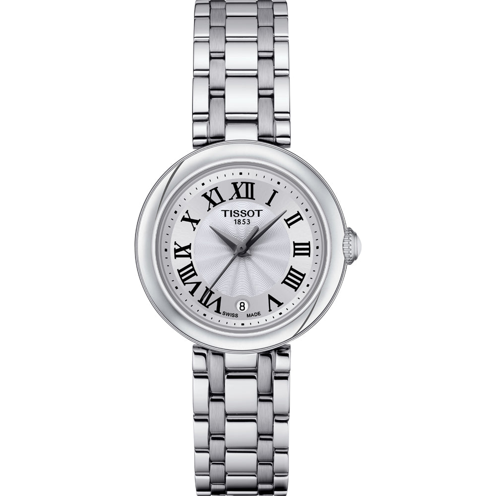 Uhr mit silbernem Gehäuse, silbernem Zifferblatt und Armband aus Edelstahl, römischen Ziffern