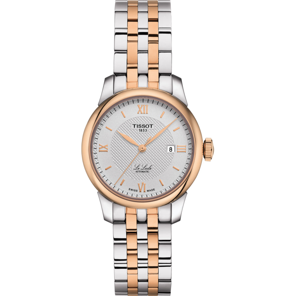 Uhr mit silbernem Zifferblatt, roségoldenem Gehäuse und zweifarbigem Armband aus Edelstahl