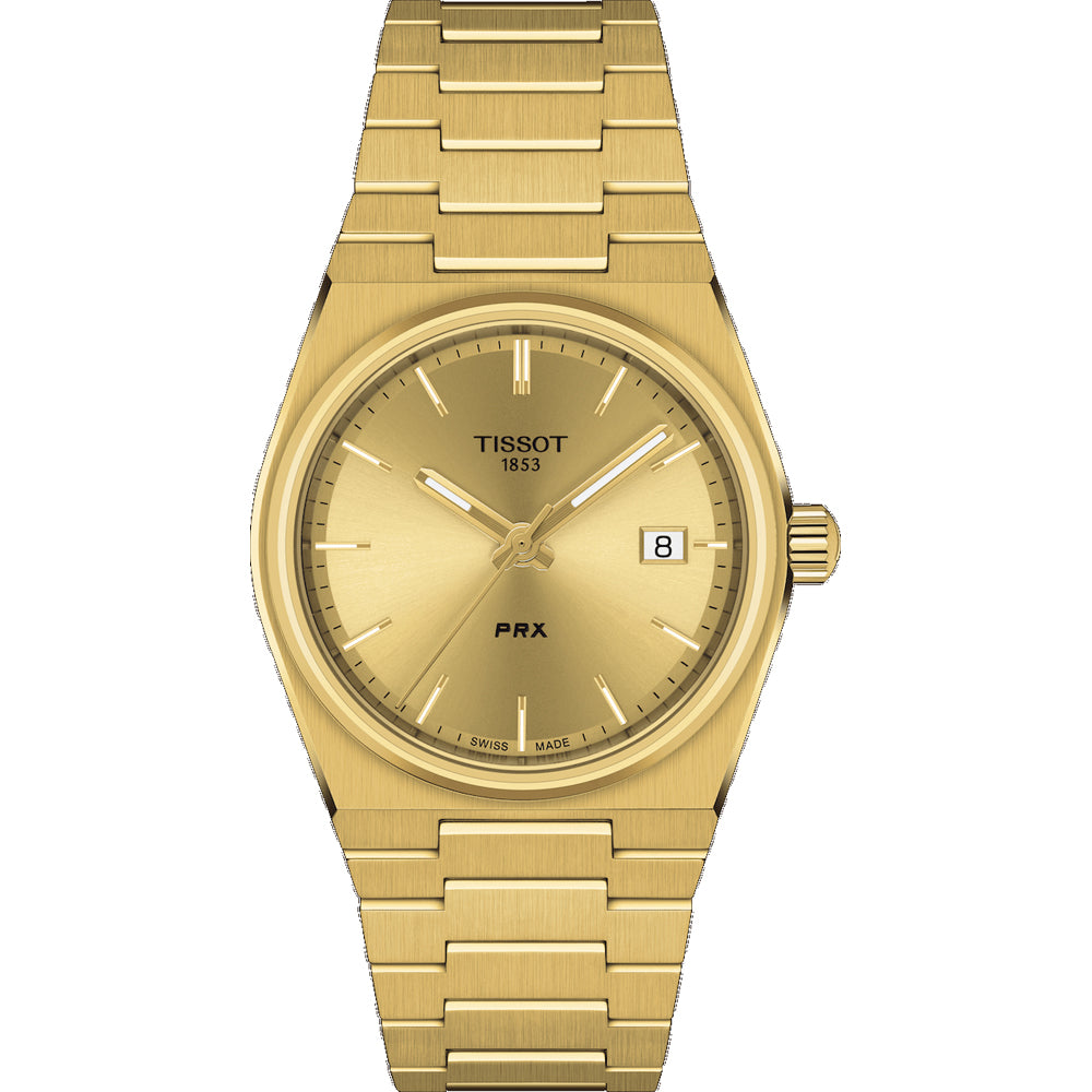 Uhr mit goldenem Zifferblatt, goldfarbenem Gehäuse und goldfarbenem Armband aus Edelstahl