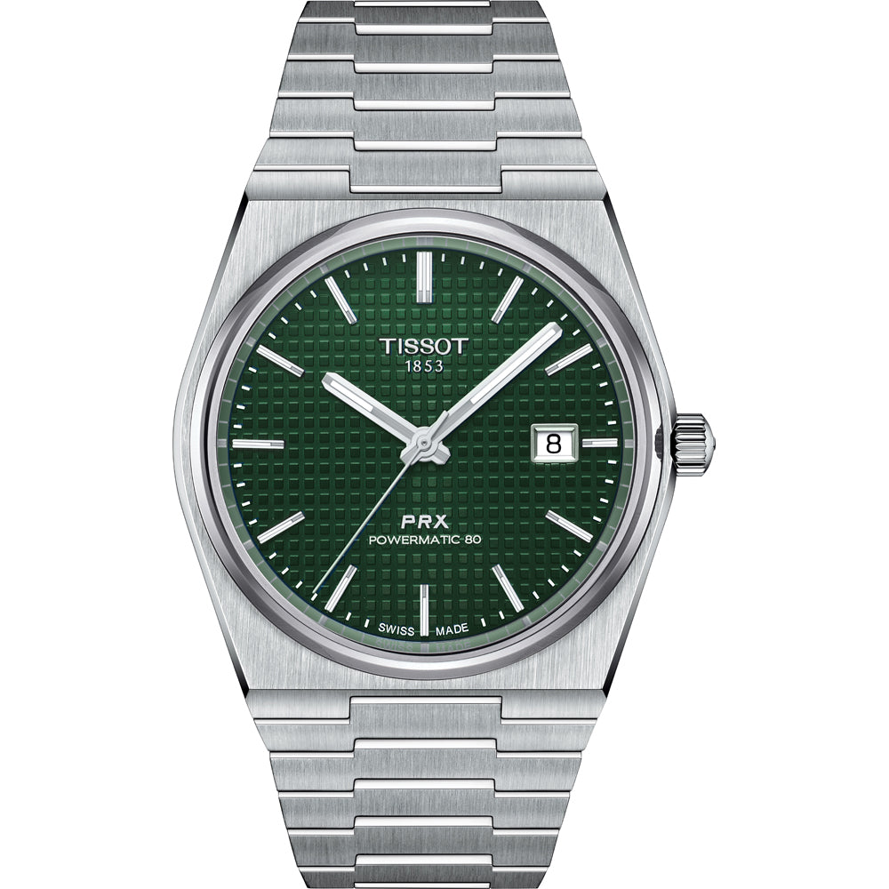 Uhr mit grünem Zifferblatt, Edelstahlgehäuse und -armband, Datumsanzeige bei 3 Uhr