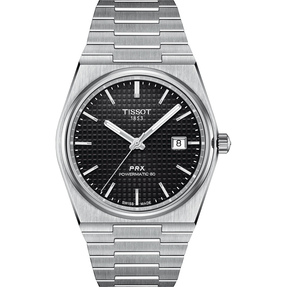 Herrenarmbanduhr mit schwarzem Zifferblatt, Edelstahlgehäuse und -armband, Datumsanzeige bei 3 Uhr