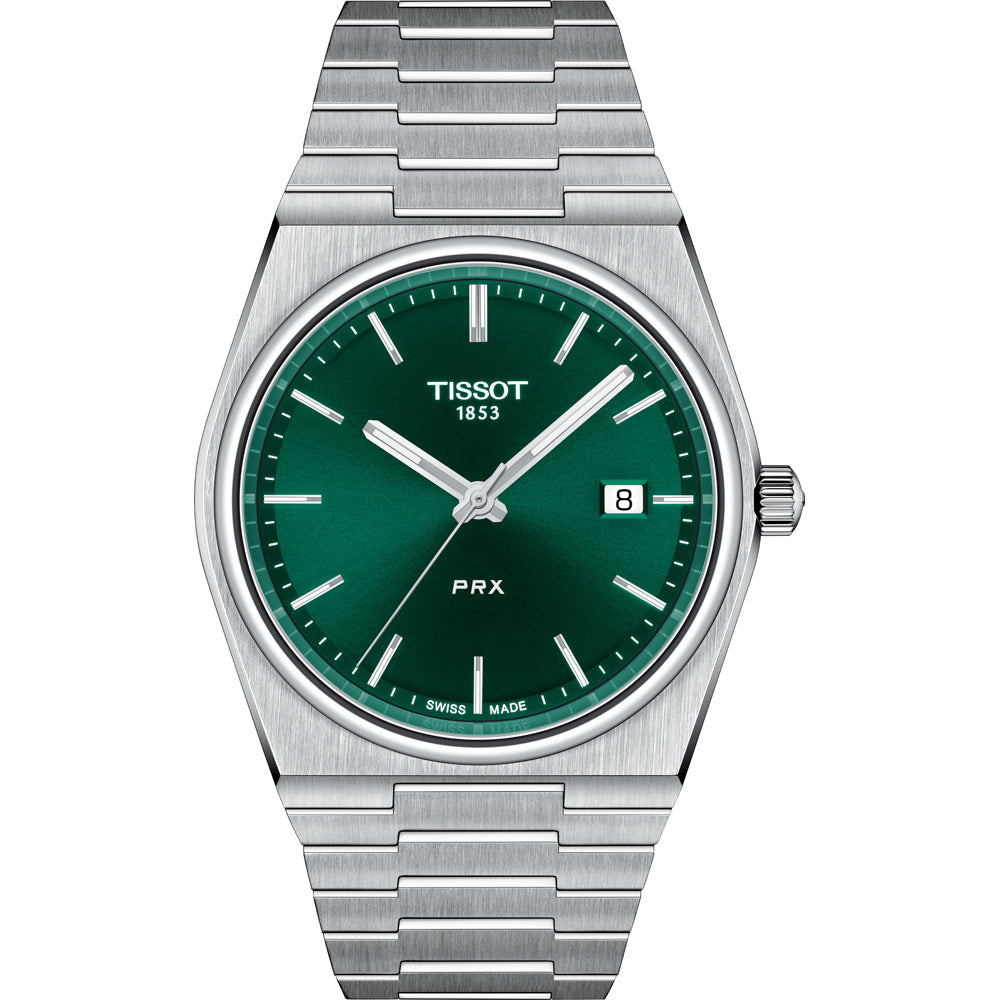 Uhr mit grünem Zifferblatt, Edelstahlgehäuse und -armband, Datumsanzeige bei 3 Uhr