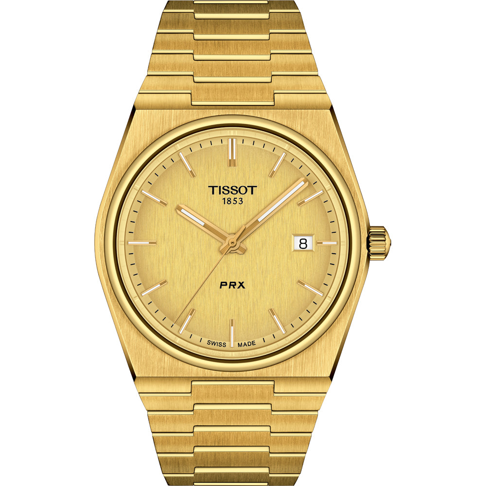 Uhr mit goldenem Zifferblatt, goldfarbenem Gehäuse und goldfarbenem Armband aus Edelstahl
