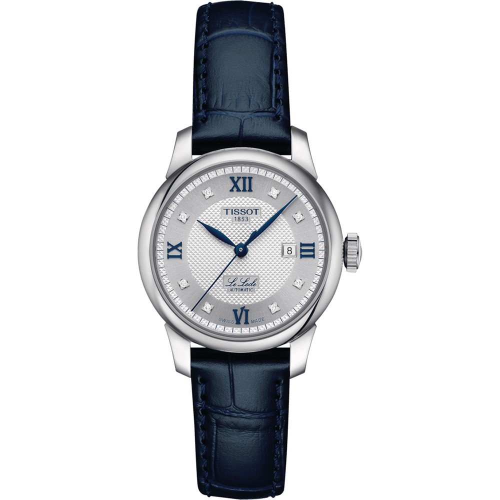 Uhr mit silbernem Zifferblatt, blauer Lederarmband und römischen Ziffern, 20 Diamanten auf der Lünette