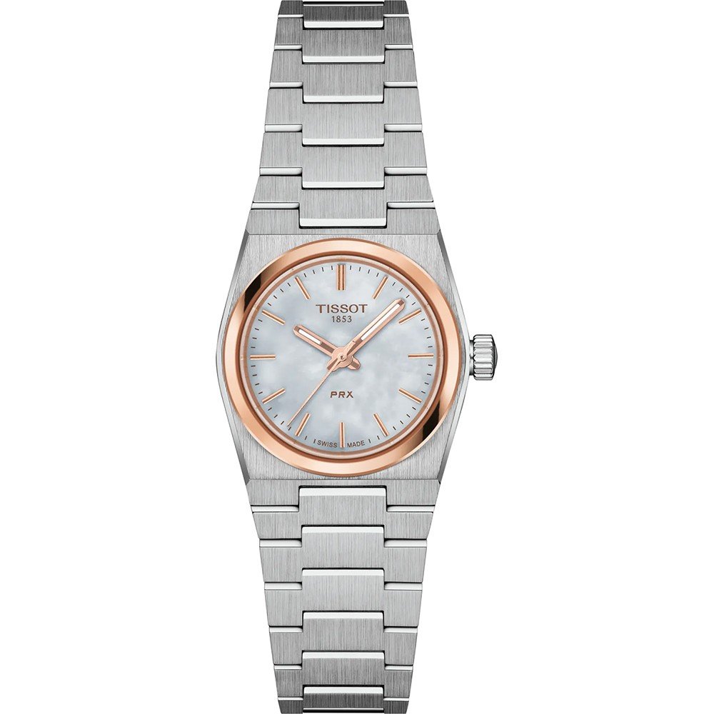 Uhr mit 25 mm Gehäuse, silbernem Armband und roségoldener Lünette, Zifferblatt mit Perlmutt-Effekt