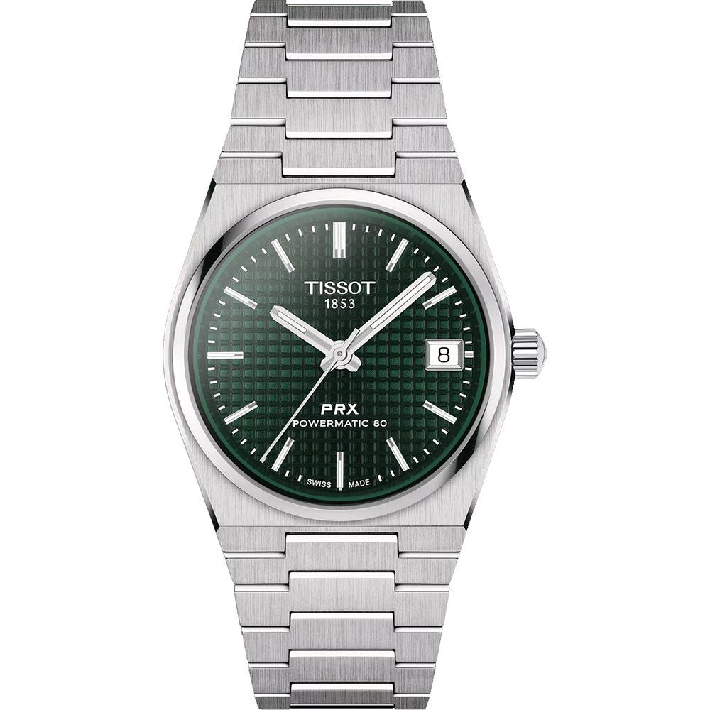 Uhr mit grünem Zifferblatt, Edelstahl-Gehäuse und -Armband, Datumsanzeige bei drei Uhr