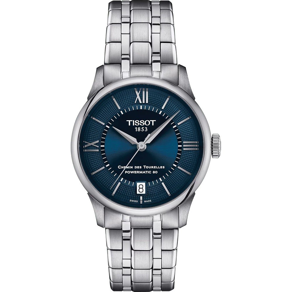 Uhr mit blauem Zifferblatt, silbernem Gehäuse und Armband, römischen Ziffern und Datumsanzeige