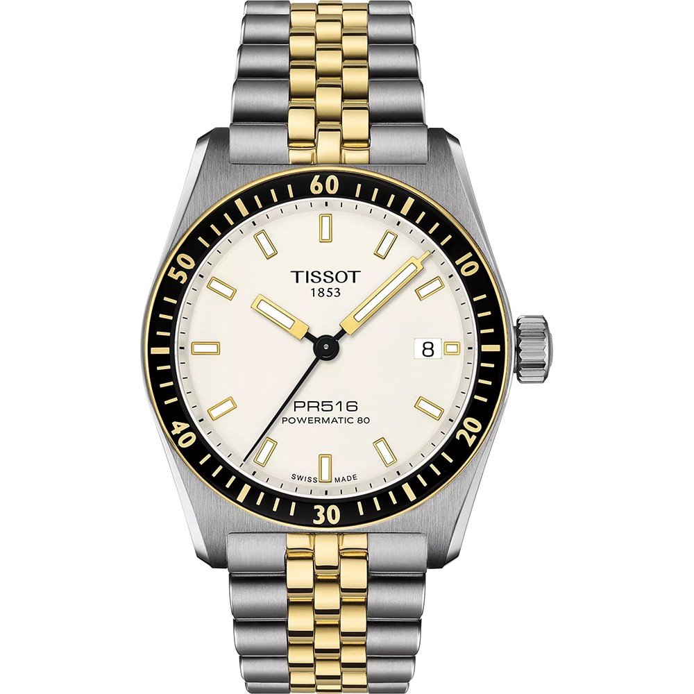 Uhr mit silbernem und goldenem Mesh-Armband, weißem Zifferblatt und schwarzer Lünette