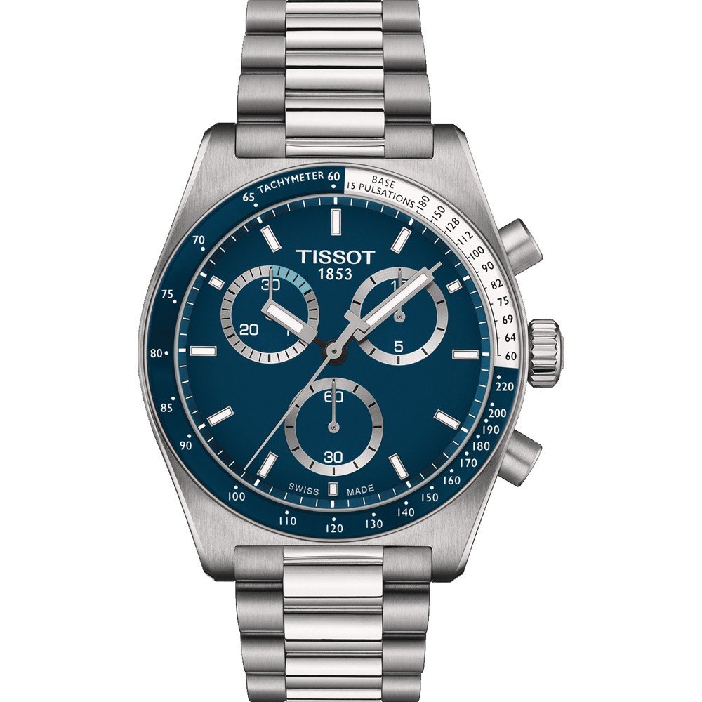 Herrenchronograph mit blauem Zifferblatt, silbernem Gehäuse und Edelstahlarmband.