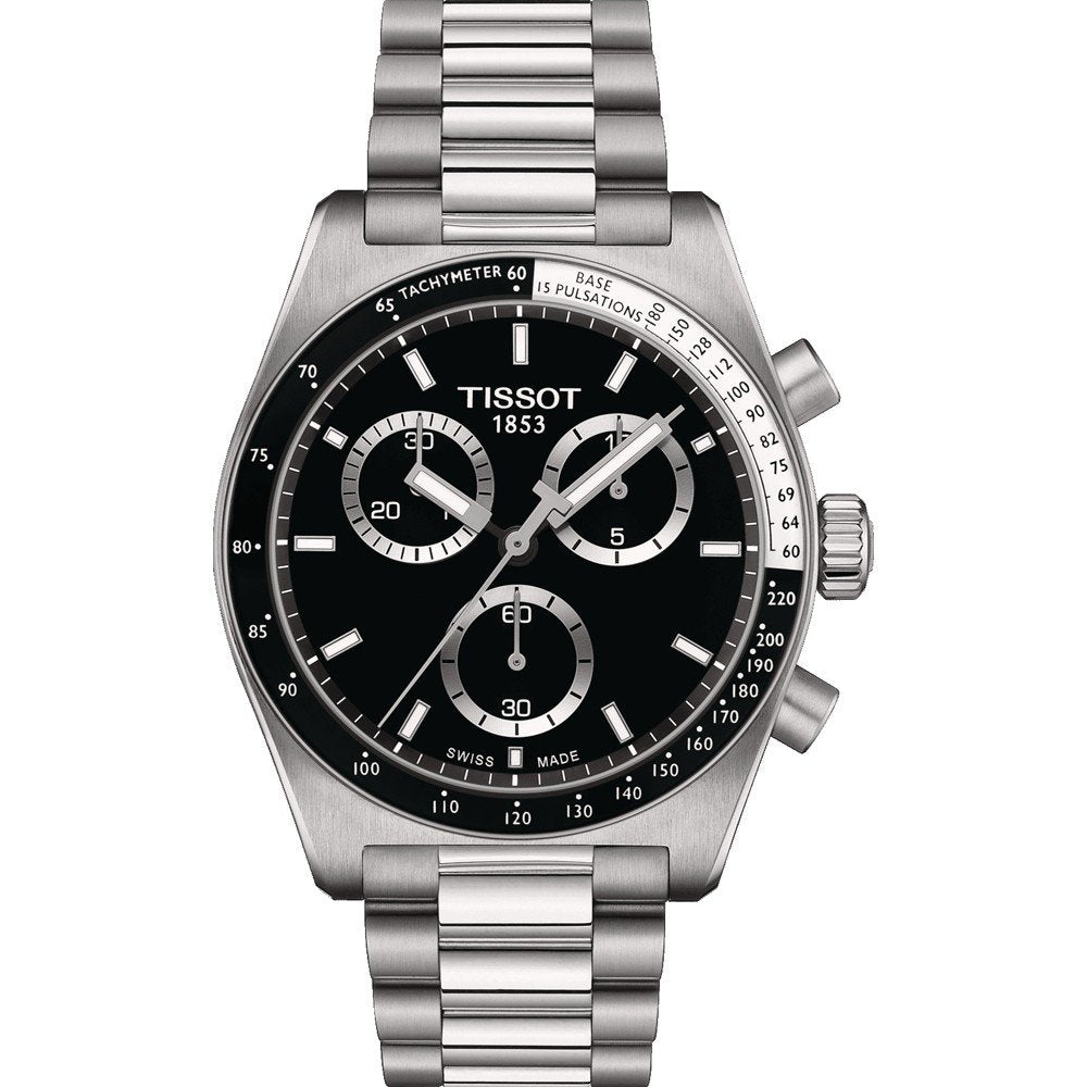 Chronograph mit schwarzem Zifferblatt, silbernem Gehäuse und Edelstahlarmband