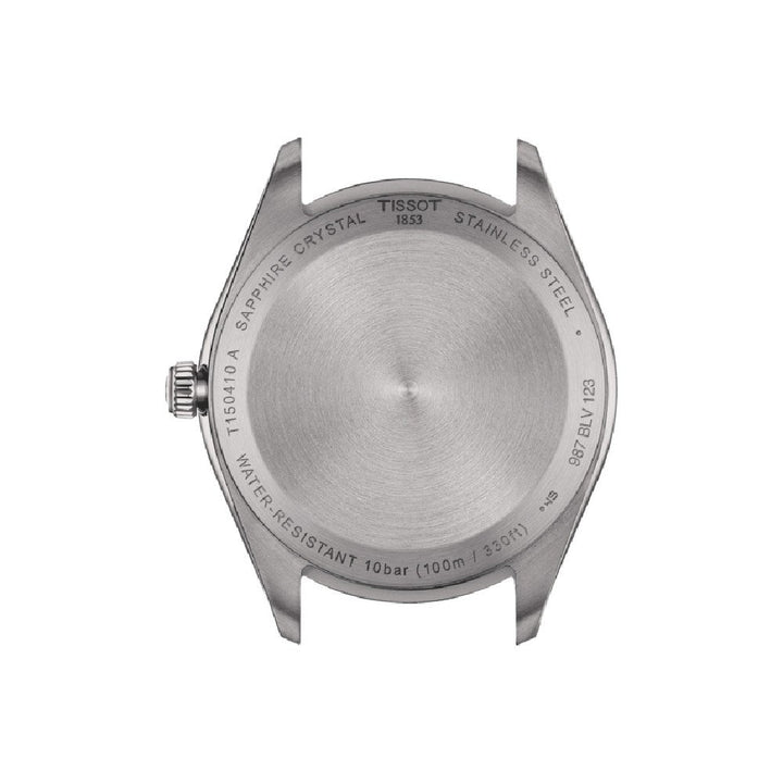Achteraanzicht van de Tissot PR 100 kast van Tissot, gegraveerd met "Saffier kristal", "Waterdicht 10 bar (100m/330ft)" en "Roestvrij staal". Geen band bevestigd. Voorzien van een Zwitsers kwartsuurwerk.