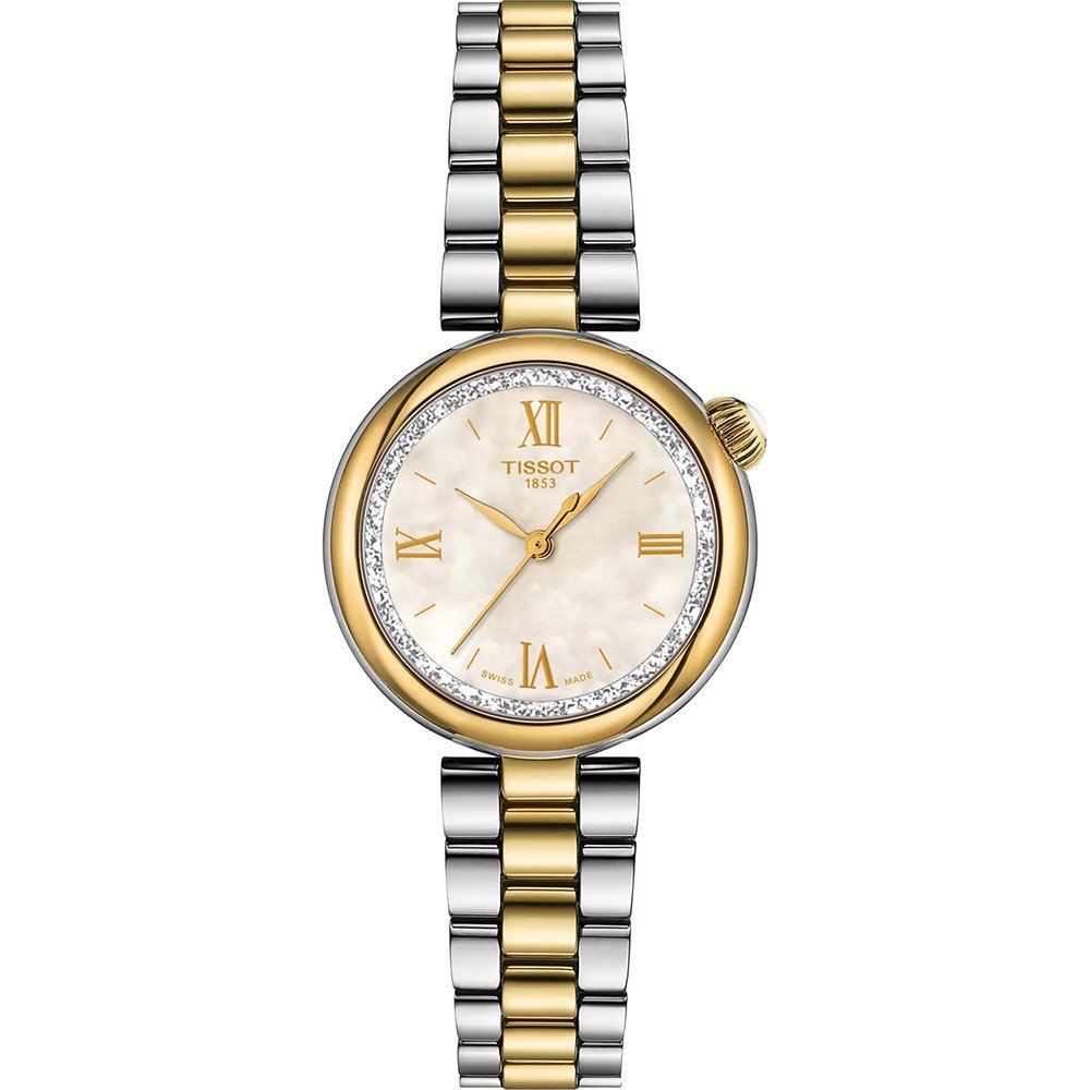 Uhr mit 28 mm Gehäuse, gold- und silberfarbenem Armband, mit weißem Zifferblatt und Steinen auf der Lünette
