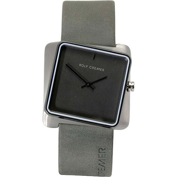 Quadratische Uhr mit schwarzem Zifferblatt und grauem Lederarmband