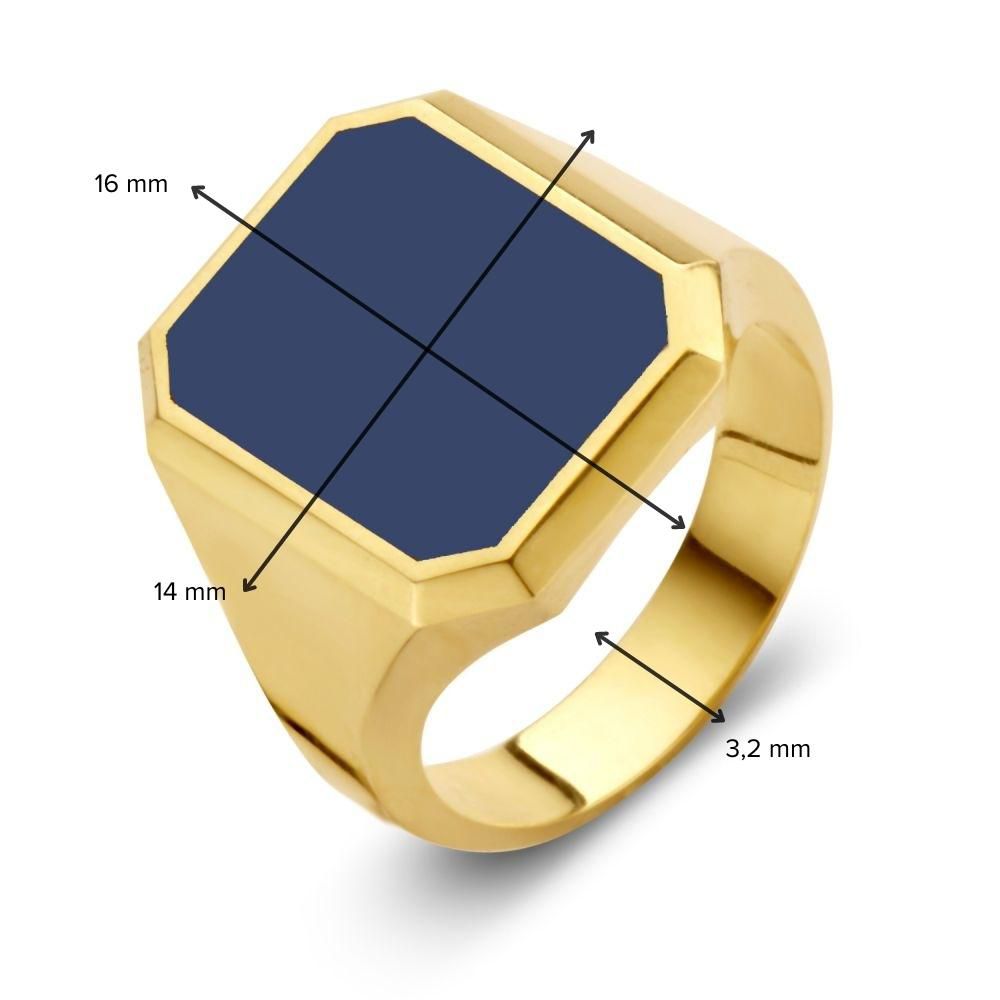 De Massieve 14 Karaat Gele Gouden Zegelring voor Heren met Blauwe Lagensteen van Excellent Jewelry heeft een achthoekige zetting (16 x 14 mm), bandbreedte van 3,2 mm; afmetingen zijn duidelijk aangegeven met gelabelde pijlen.