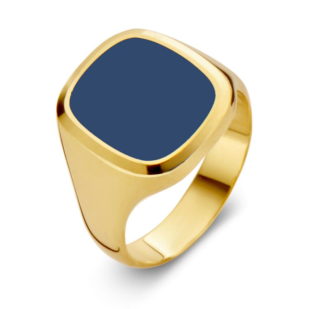 Handgemachte Herren-Ziegelring aus 14 Karat Gelbgold mit blauem Lagenstein und quadratischer Form