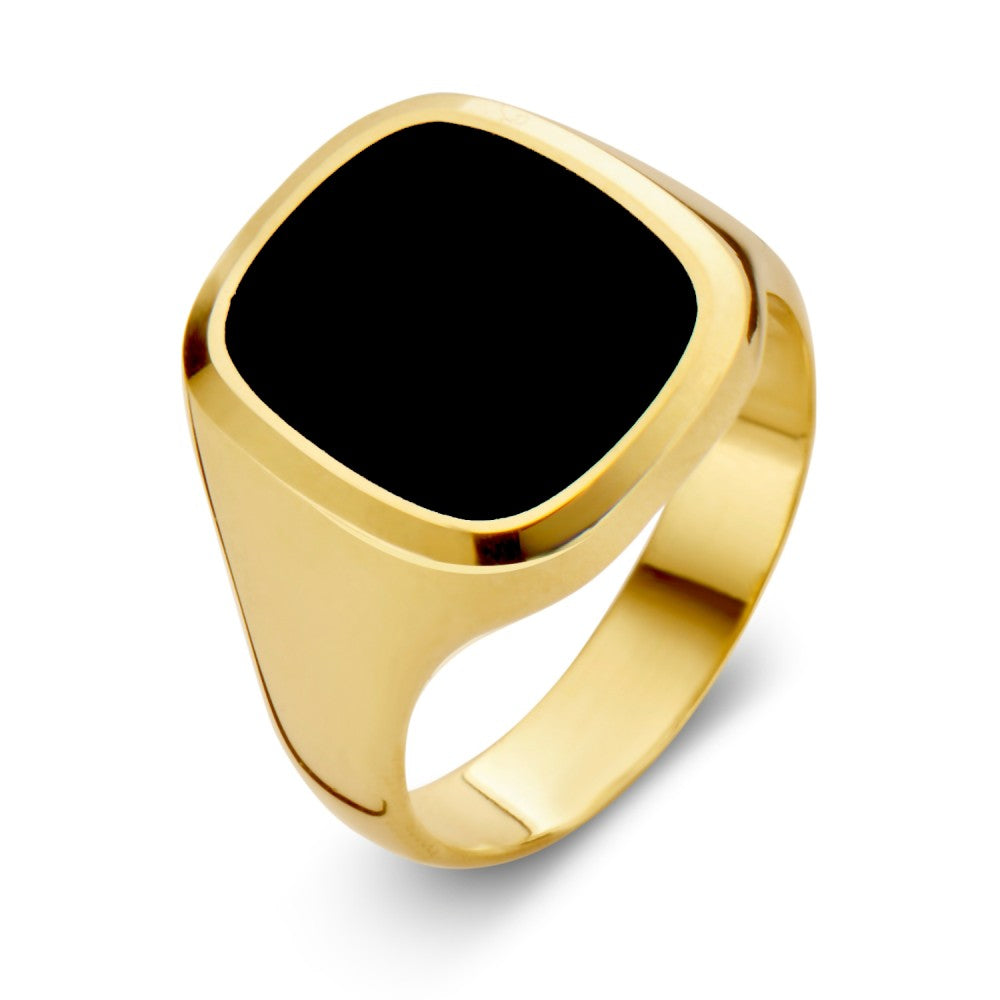 Ring aus 14-karätigem Gelbgold mit quadratischem Onyx in der Mitte