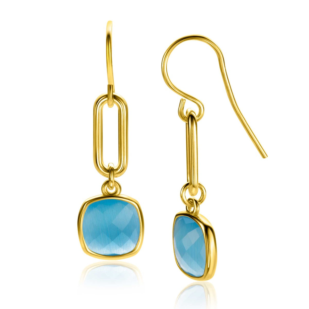 Goldplattierte Ohrringe mit quadratischem, facettiertem, blauem Edelstein und ovalem Anhänger
