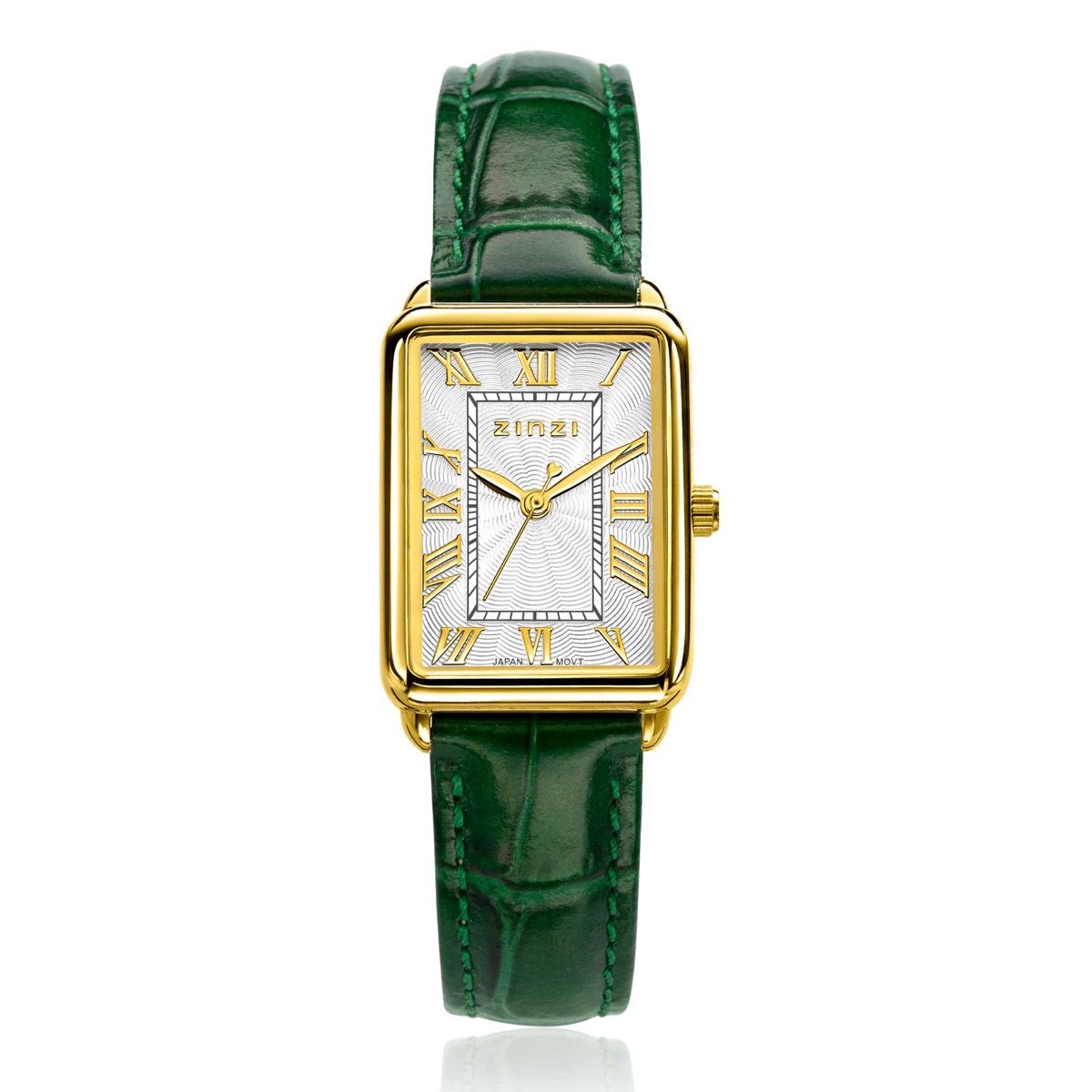 Rechteckige Uhr mit silbernem Gehäuse, weißem Zifferblatt und grünem Lederarmband