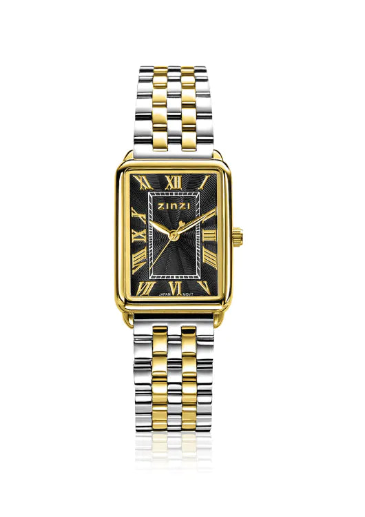 Bicolor Armbanduhr aus Edelstahl mit schwarzem Zifferblatt und goldenen Akzenten
