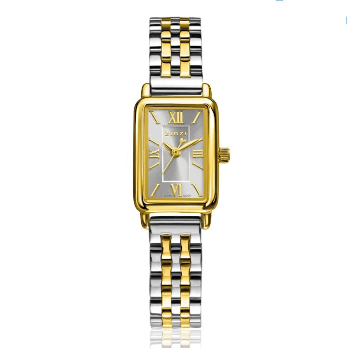 Bicolor Armbanduhr mit silbernem Zifferblatt und goldfarbenem Gehäuse, rechteckige Form, elegantes Design