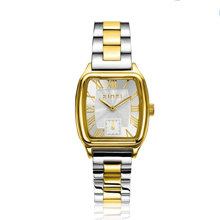 Bicolor Armbanduhr mit silbernem und goldenem Gehäuse sowie silbernem Zifferblatt und römischen Ziffern
