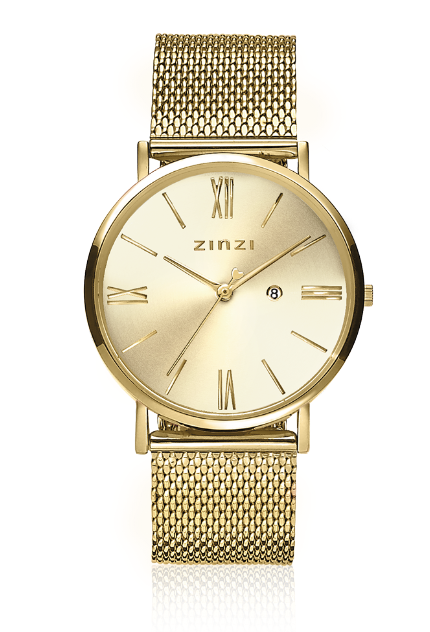 Goldfarbene Uhr mit goldenem Mesh-Armband und goldenem Zifferblatt, römischen Ziffern und Datumsanzeige