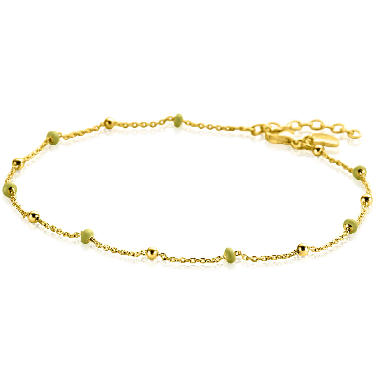 Goldplattierte Kette mit kleinen grünen Steinen und goldenen Kugeln, feines Design