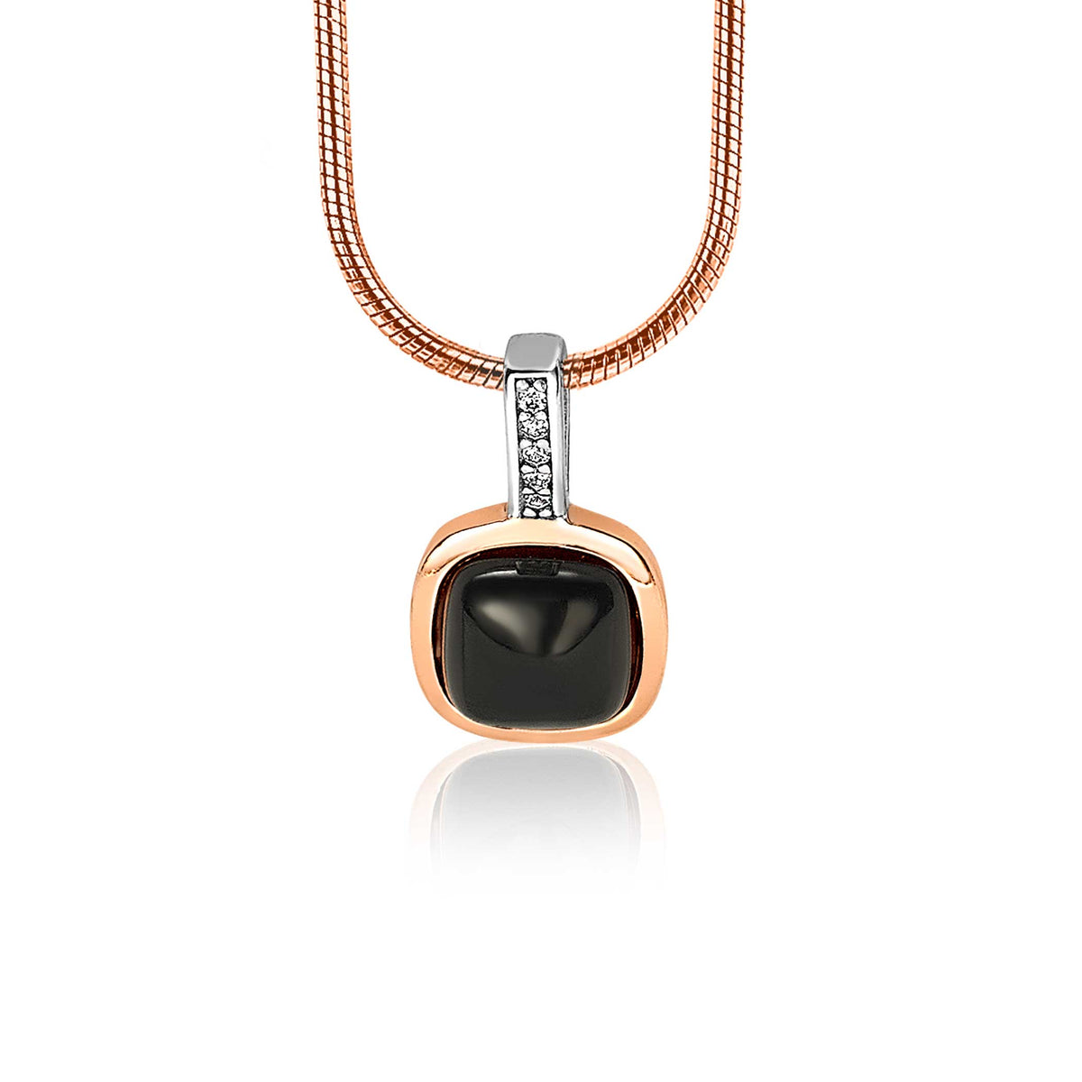 Hänger aus roségold mit schwarzem Edelstein und Zirkonia-Steinen, an einer feinen Kette