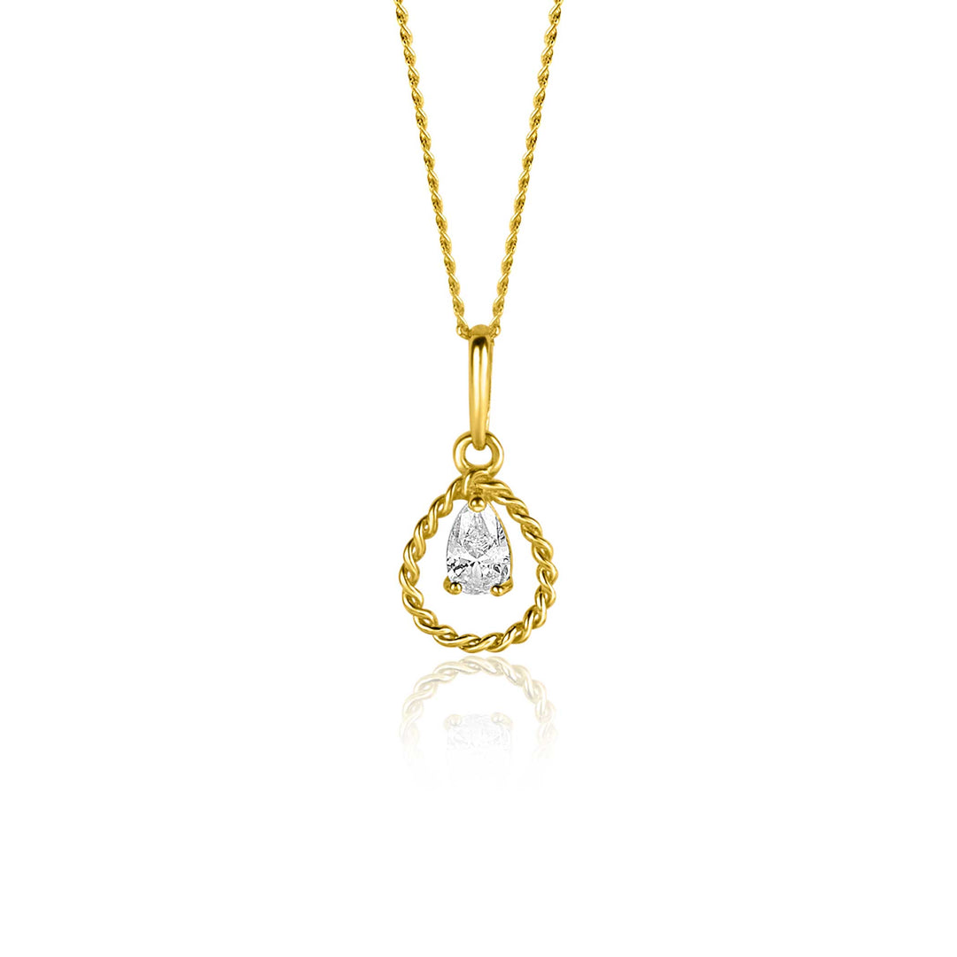 De Zinzi Hangers Goud Zgh478 ketting heeft een luxe, gedraaide hanger met een centrale traanvormige zirkonia, die elegant aan een delicate gouden ketting hangt tegen een witte achtergrond.