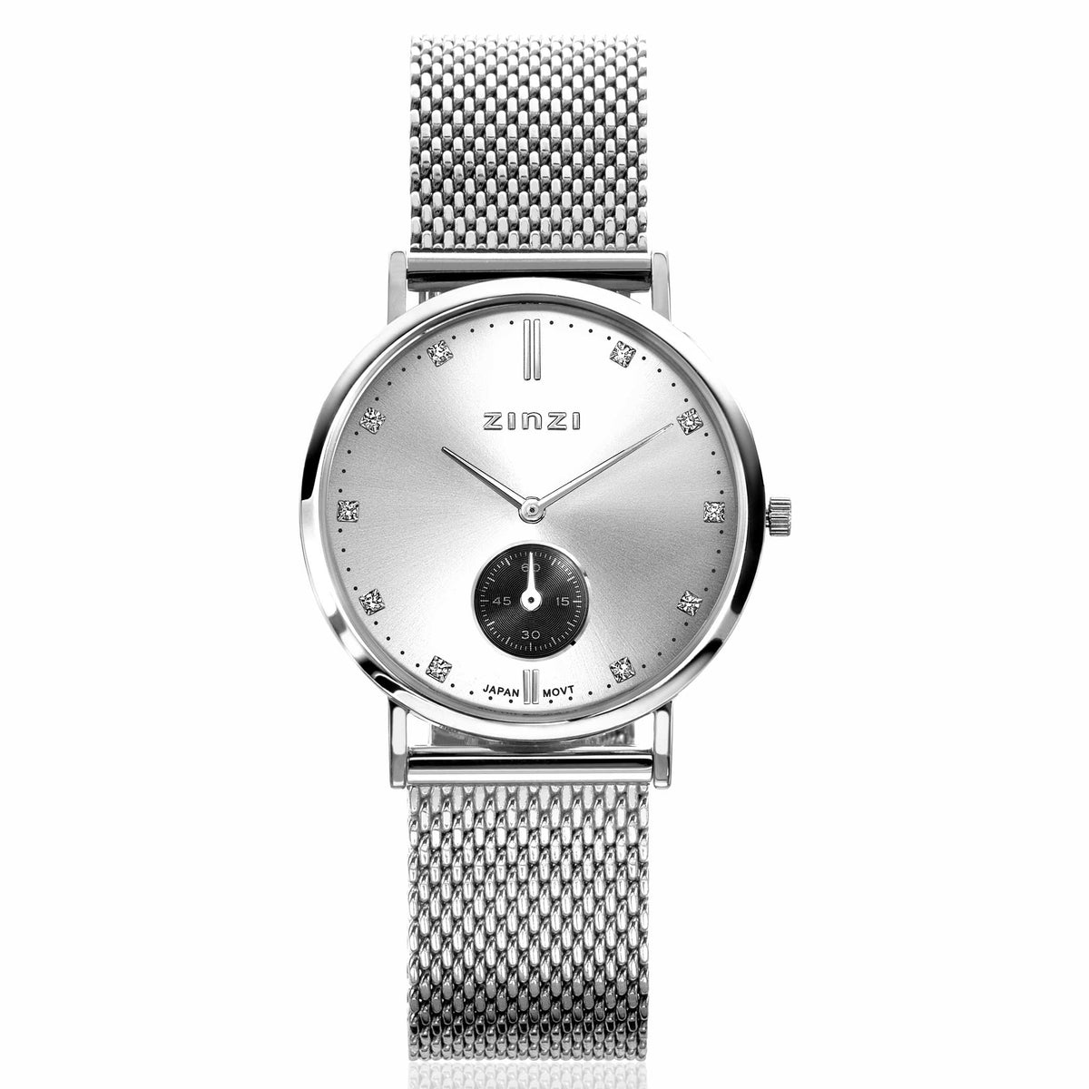 Silbernes Stahl-Horloge mit rundem Zifferblatt und schwarzem Ziffernblatt, Mesh-Armband