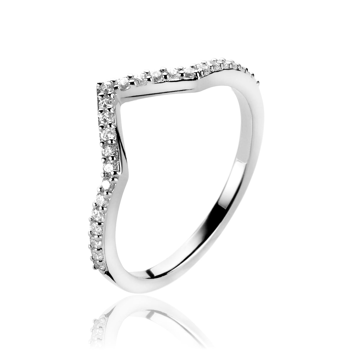 Ring aus Silber mit funkelnden Zirkonia-Steinen entlang der geschwungenen Kante