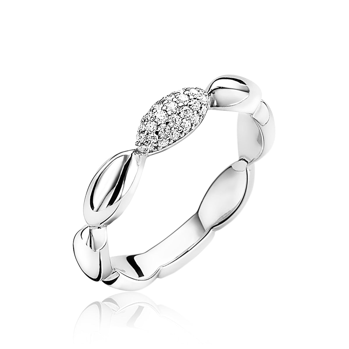 Ring aus Silber mit ovalen Elementen und einem mit Zirkonia besetzten Detail