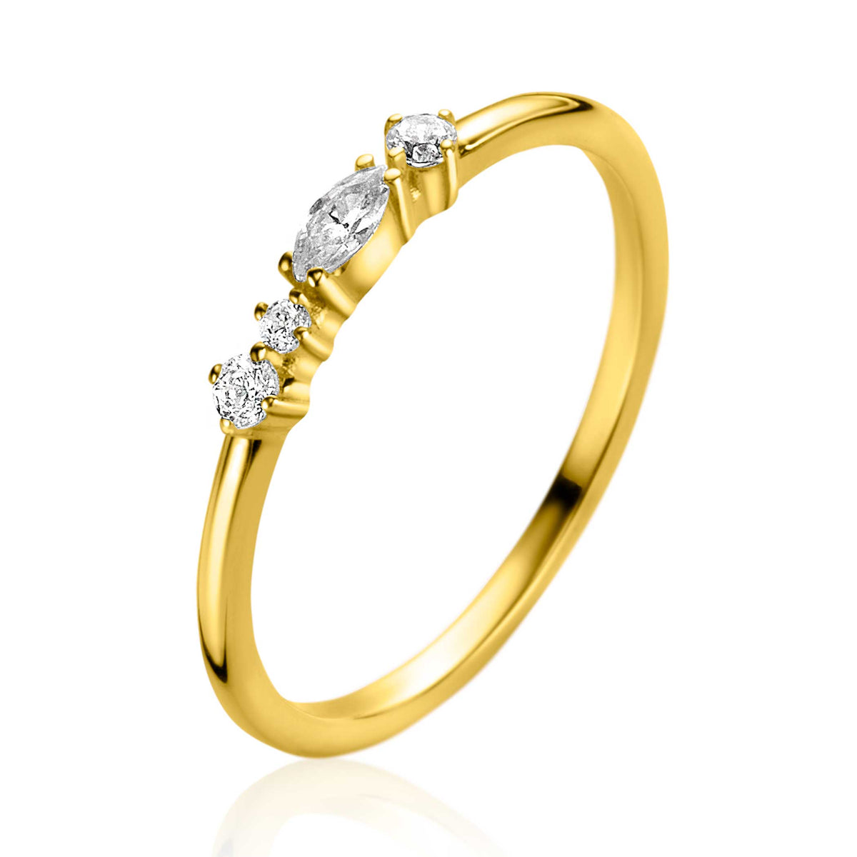 Ring aus Gold mit drei klaren Edelsteinen in verschiedenen Formen