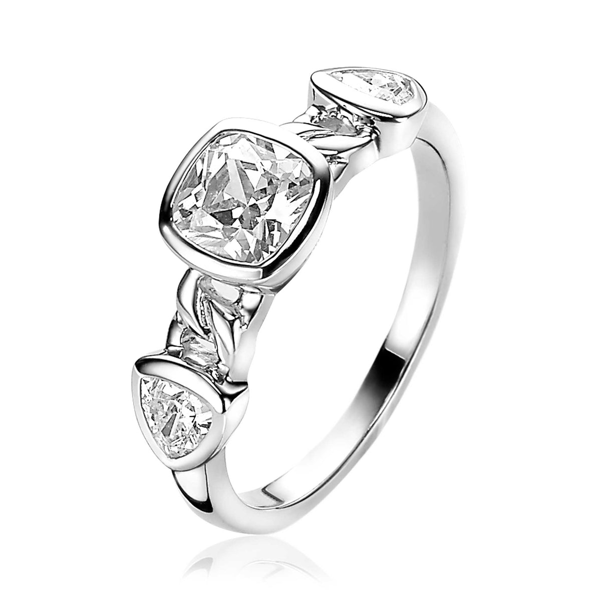 Ring aus Silber mit drei klaren Zirkonia, zwei in Tropfenform und einem quadratischen Stein