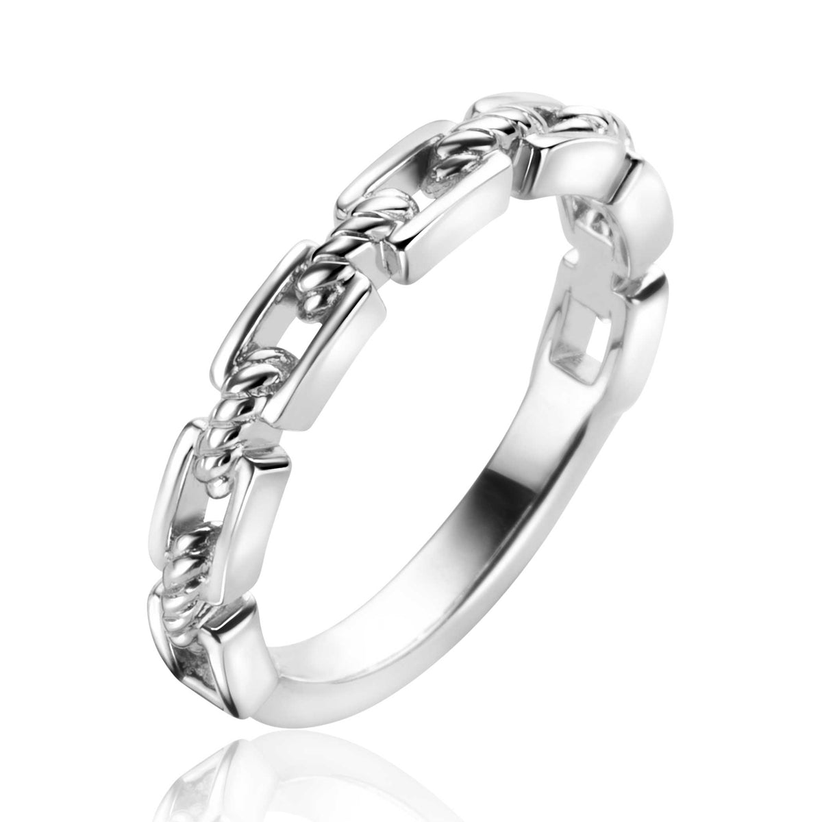 Ring aus Silber mit verknüpften, rechteckigen Elementen und glänzender Oberfläche